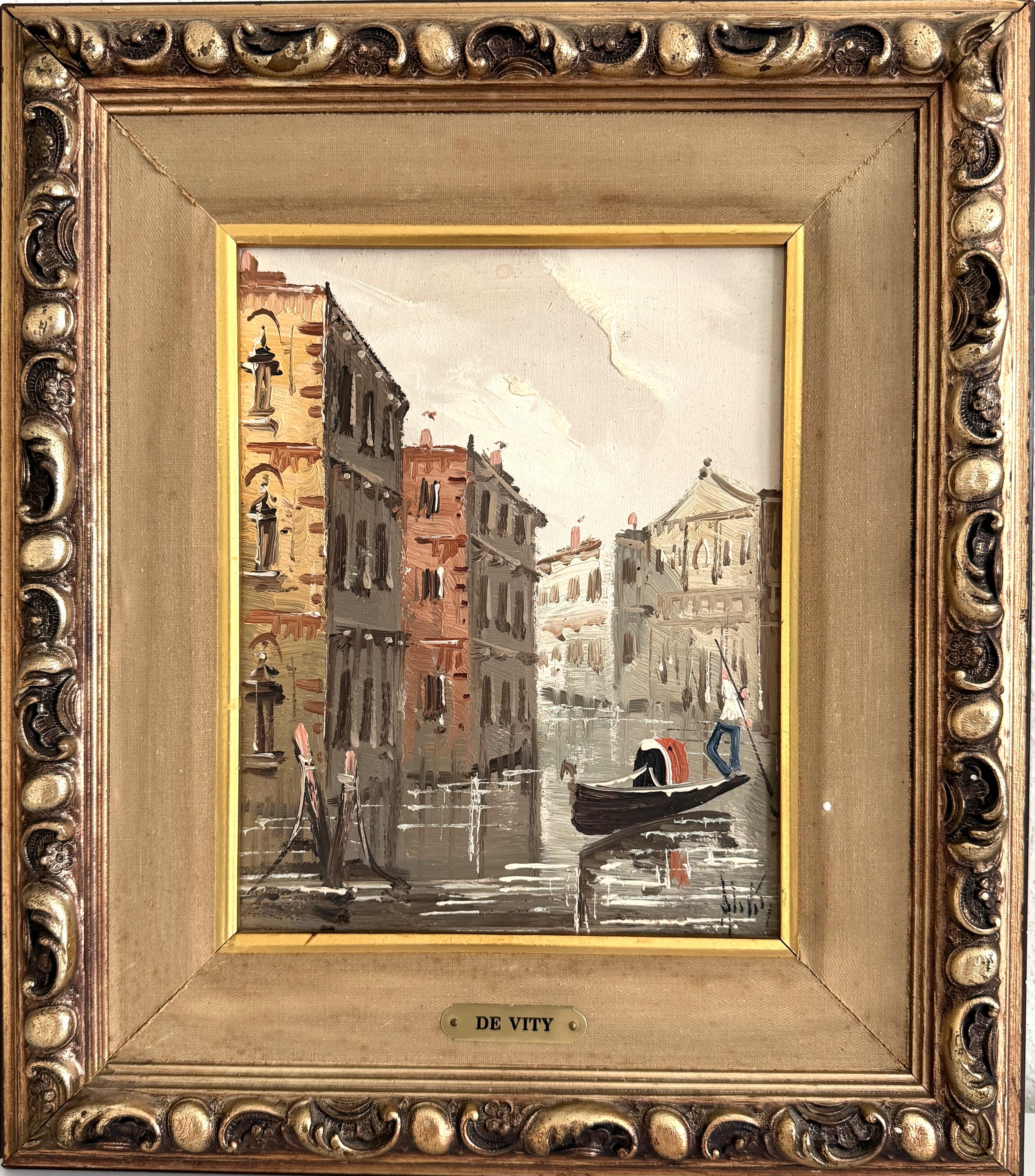 Antonio De Vity(1901-1993) Peinture à l'huile italienne Canal de Venise Gondole Paysage urbain