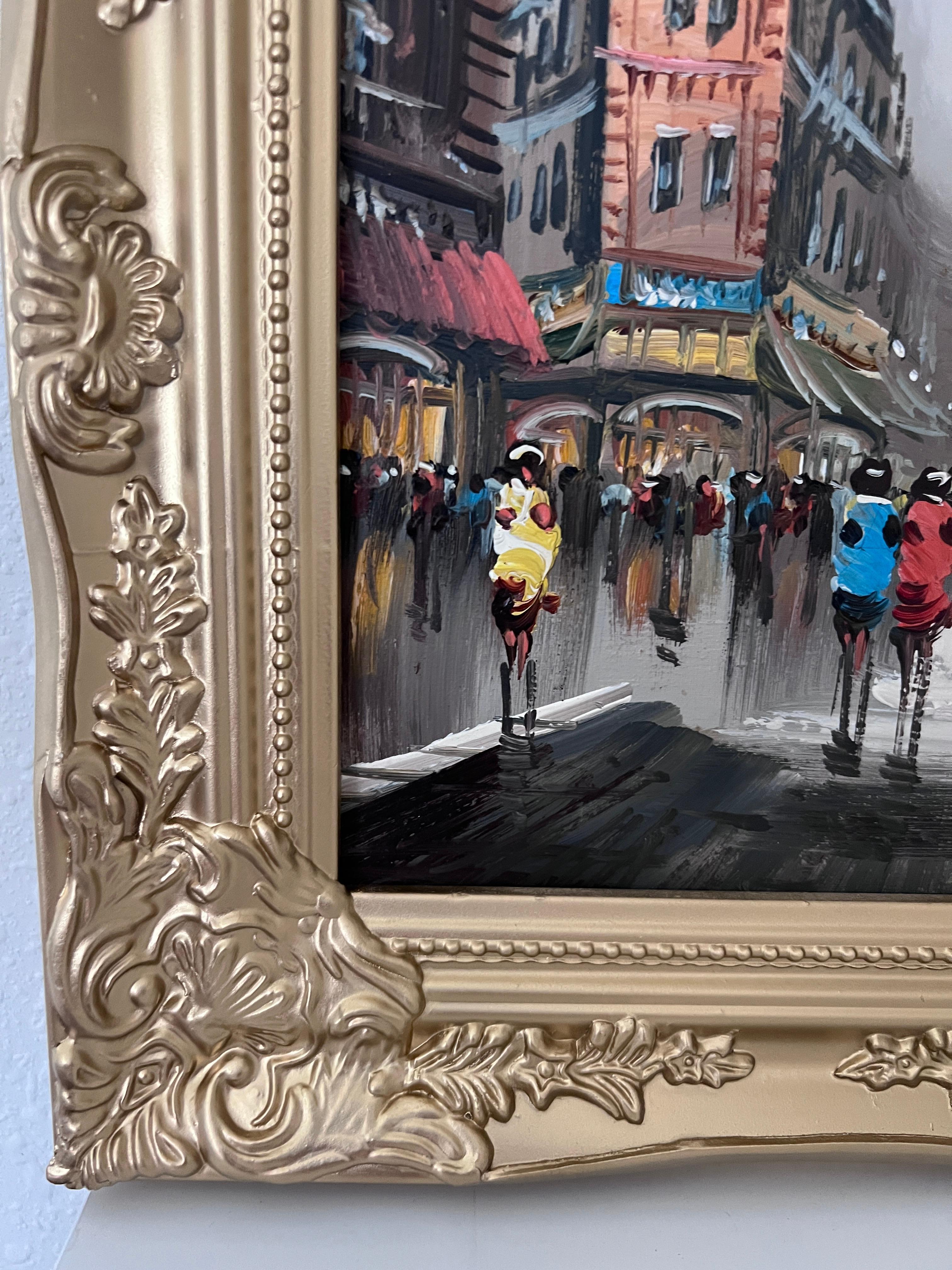 This original oil painting on canvas is a classic example of Antonio De Vity's iconic Parisian street scenes, rendered with bold brushstrokes, expressive figures, and masterful control of light and movement. Painted in an atmospheric gray palette