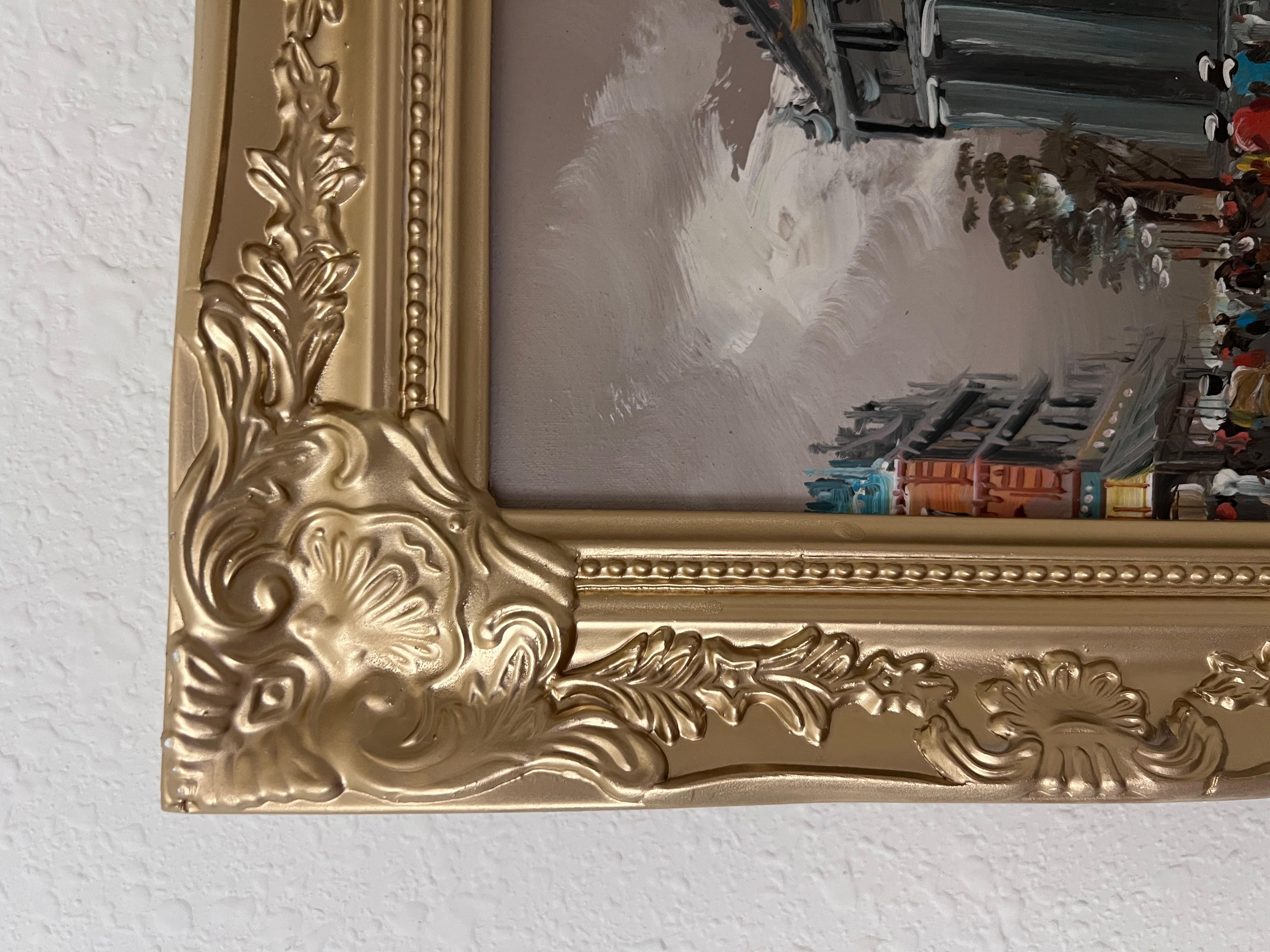 Questo dipinto originale a olio su tela è un classico esempio delle iconiche scene di strada parigine di Antonio's, rese con pennellate audaci, figure espressive e un controllo magistrale della luce e del movimento. Dipinta in una suggestiva