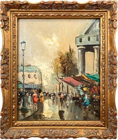 Vintage "La Madeleine" Impressionist 20th Century Parisian Street Scene Oil Painting