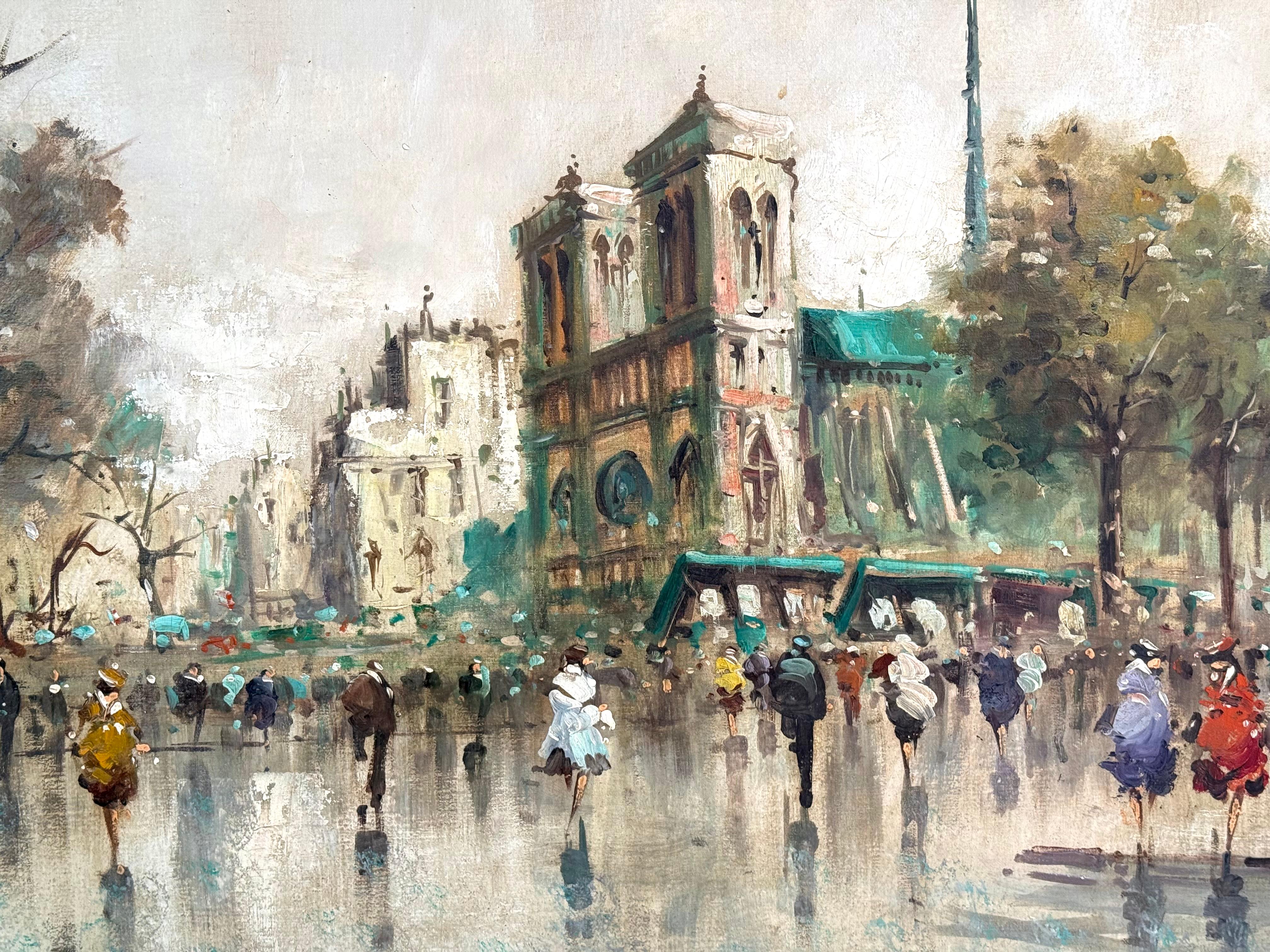 Original, very impressive oil on canvas painting by Antonio DeVity. Not signed. DeVity artist stamp verso. See photograph. Circa 1970. Condition is excellent. The painting captures a busy Parisian street scene with the central focus being the iconic