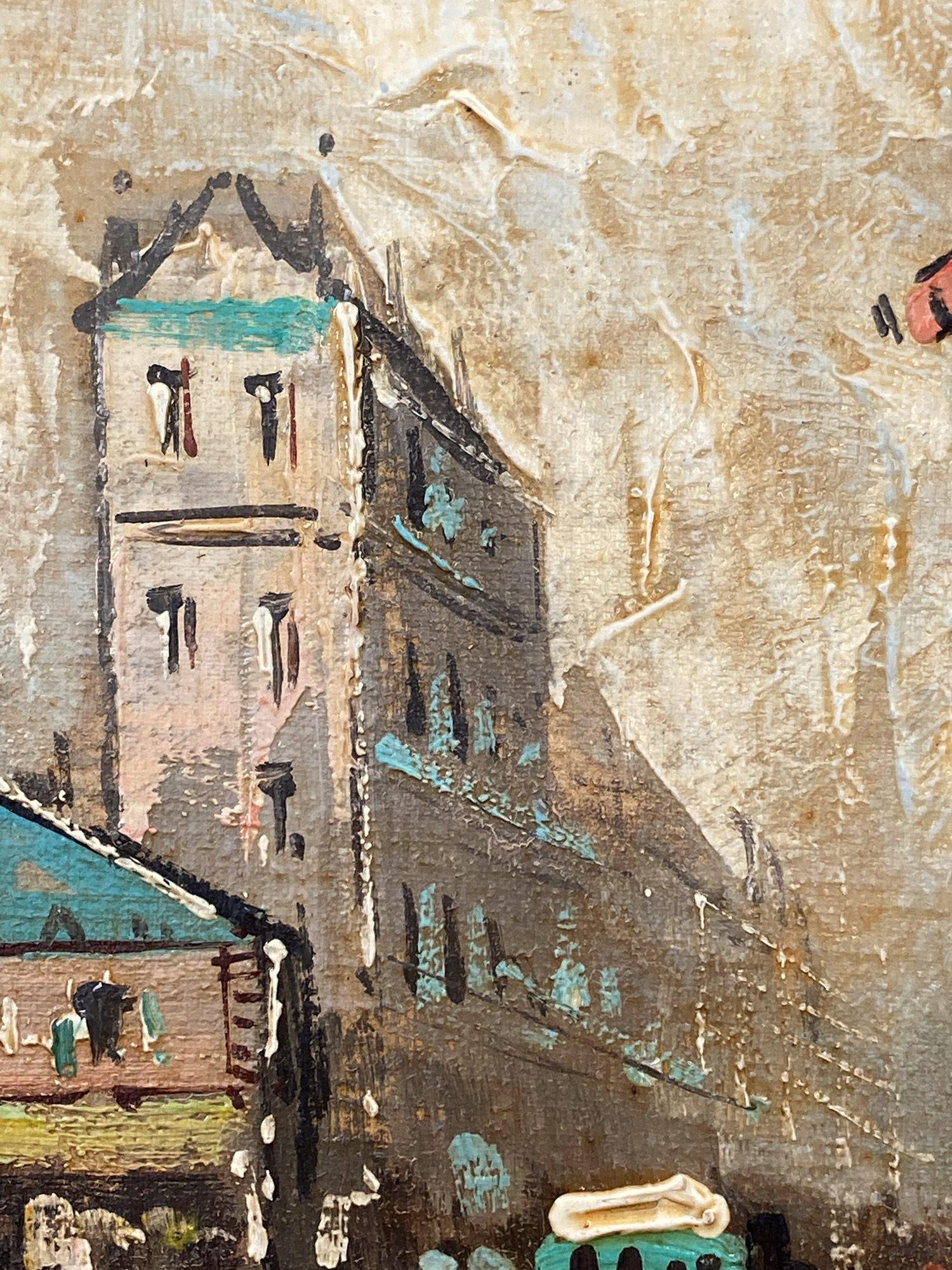 In this piece, the artist depicts his subject in an abstract and impressionistic way, capturing the magic of Paris from the 20th Century with much life. The artist mostly used oil with a pallet knife, with impasto paint, and then by using subtle