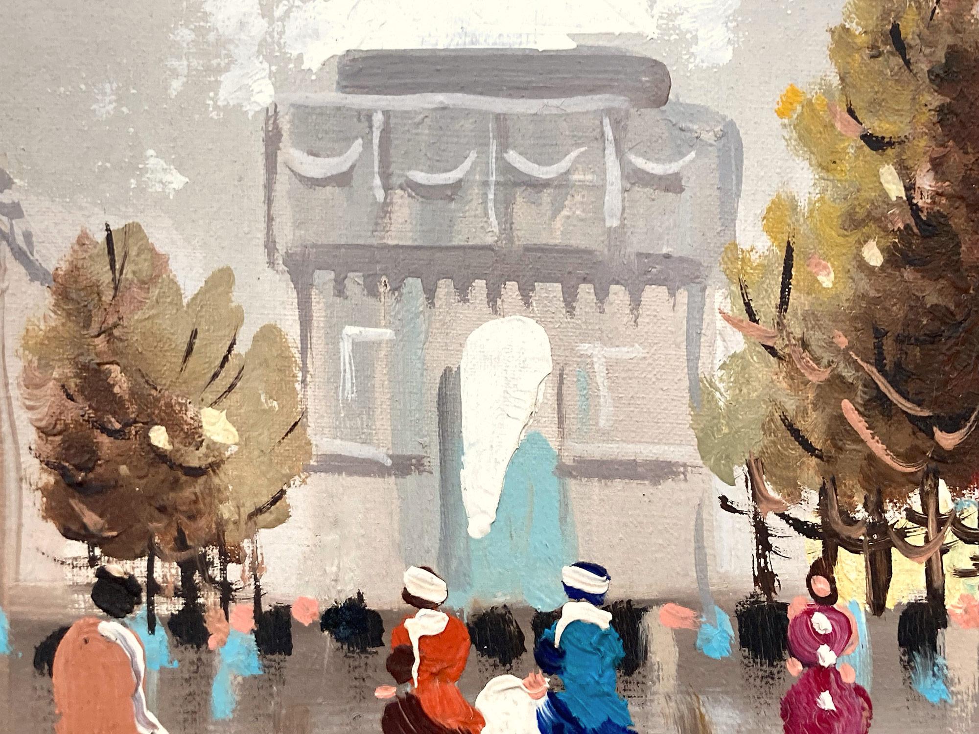 In this piece, the artist depicts his subject in an abstract and impressionistic way, capturing the Arc de Triomphe busy street scene from the 20th Century with much life. The artist mostly used oil with a pallet knife, with impasto paint, and then