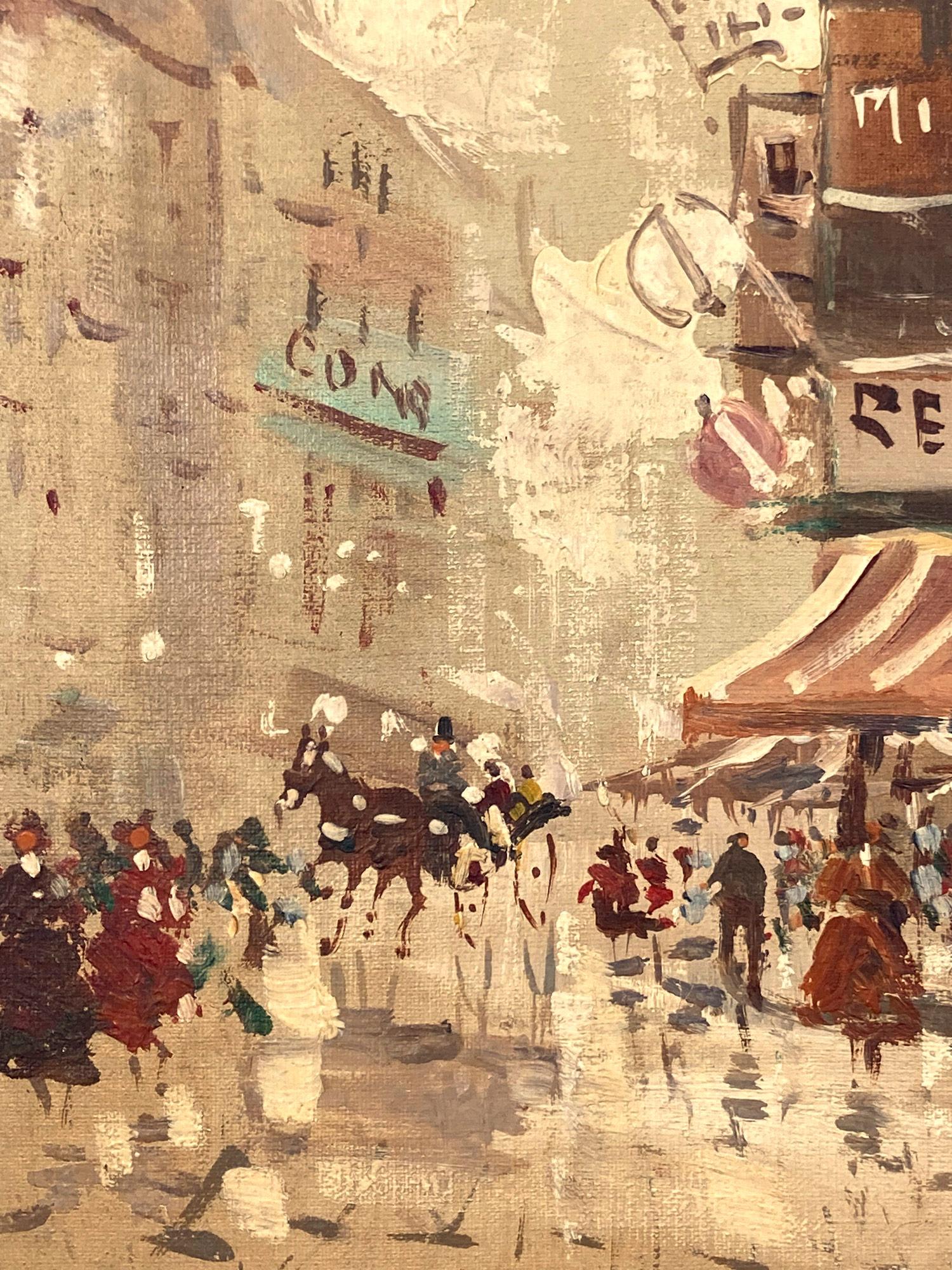 En esta obra, el artista representa su tema de forma abstracta e impresionista, captando la concurrida calle parisina del siglo XX con mucha vida. El artista utilizó principalmente óleo con espátula, con pintura empastada, y luego, mediante sutiles