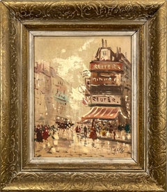 Peinture à l'huile impressionniste sur toile d'une scène de rue parisienne encadrée
