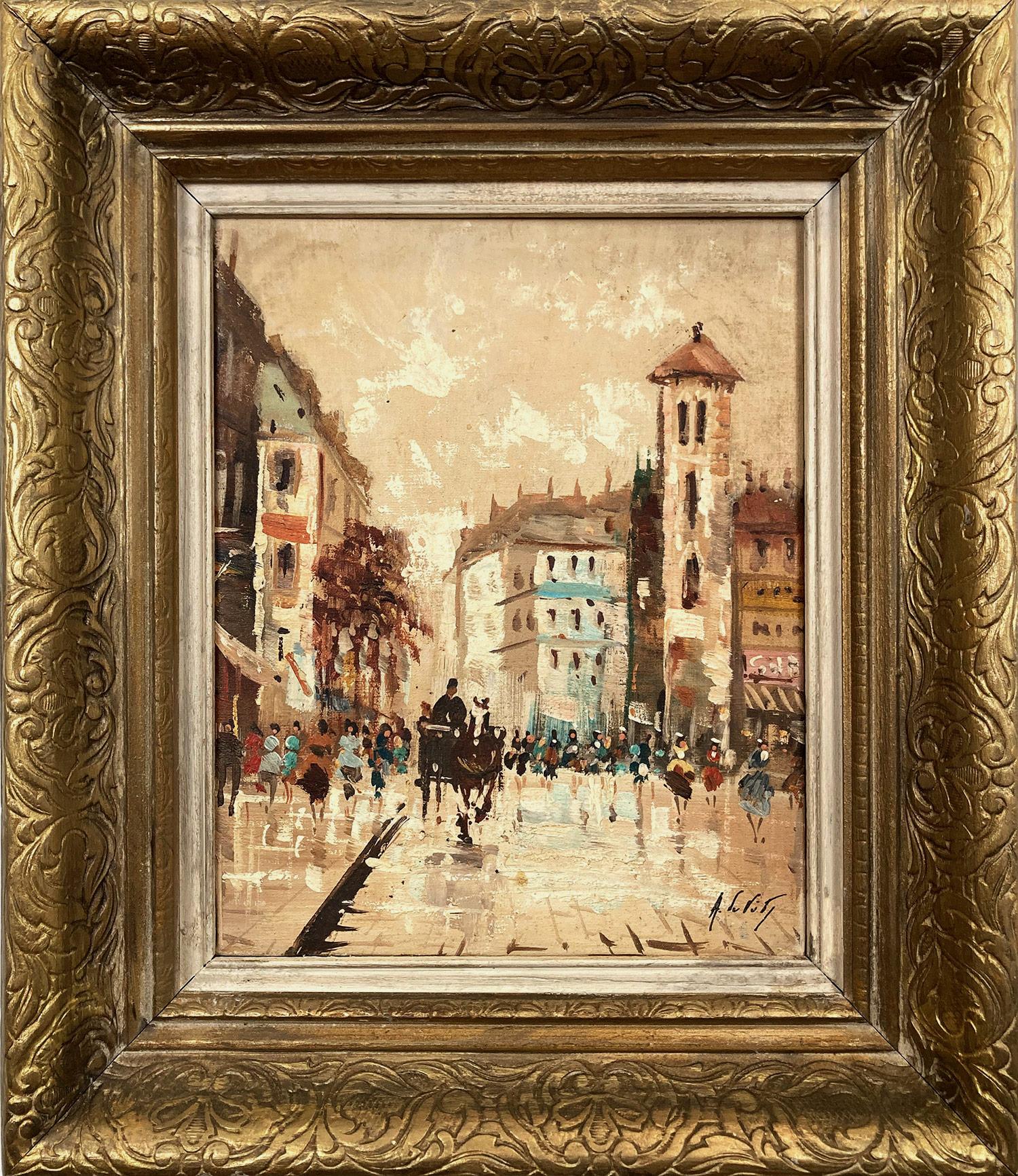 Figurative Painting Antonio DeVity - Scène de rue parisienne Peinture à l
huile impressionniste sur toile avec cheval et chariot