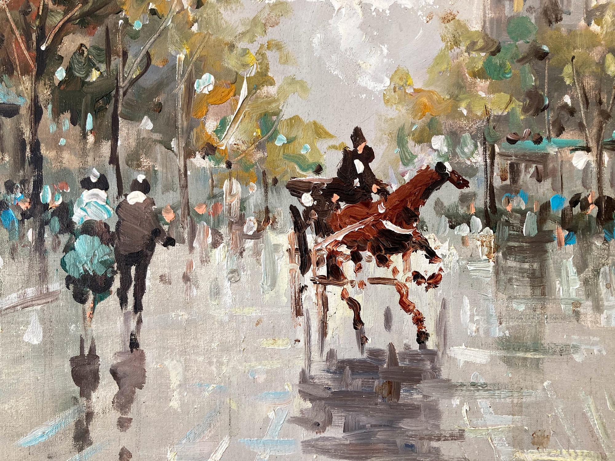 In questa opera, l'artista ritrae il suo soggetto in modo astratto e impressionistico, catturando le strade trafficate della Parigi del XX secolo con molta vita. L'artista ha utilizzato per lo più olio con una spatola, con colori a impasto, e poi