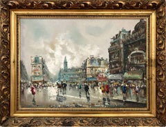 "Scène de rue parisienne" Peinture à l'huile post-impressionniste sur toile avec personnages