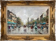 "Scena di strada parigina" Pittura a olio su tela post-impressionista con figure
