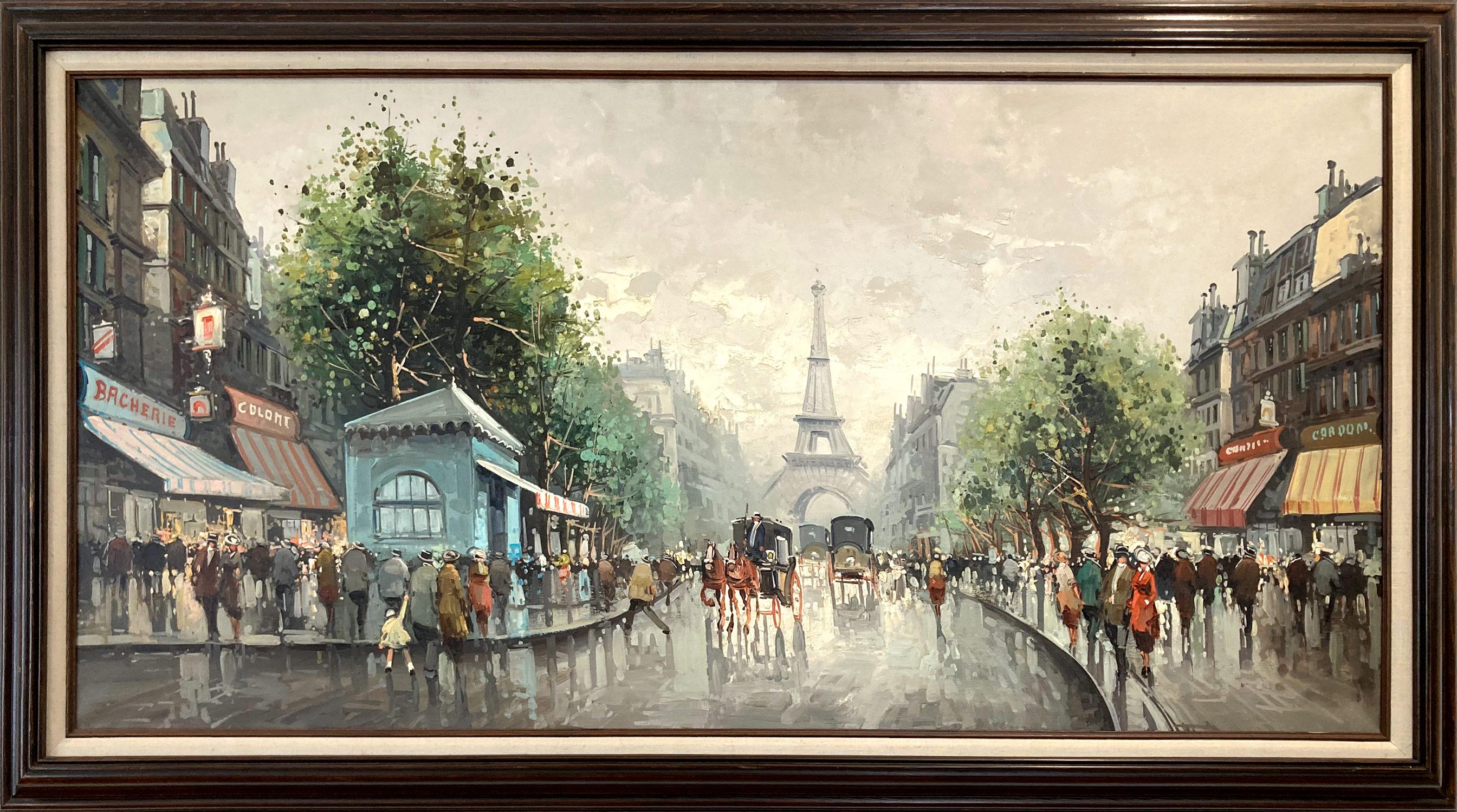 "Escena callejera parisina" Pintura al óleo postimpresionista sobre lienzo con figuras