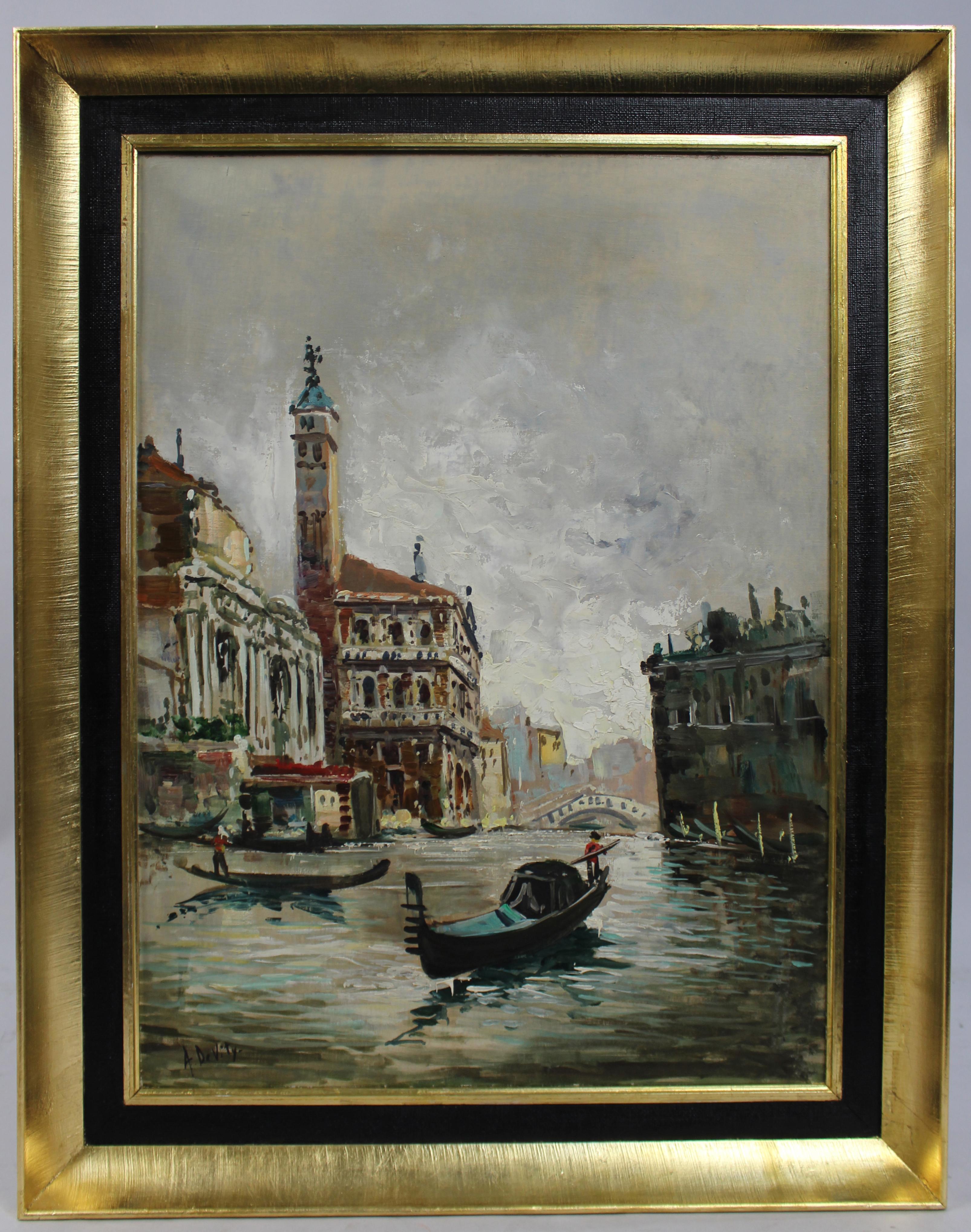 Antonio DeVity (italiano, 1901-1993)
Escena del Canal de Venecia - Óleo sobre lienzo

Escena de un canal veneciano de mediados del siglo XX, obra de Antonio DeVity, seudónimo del artista napolitano Umberto Marone. DeVity es conocido por sus