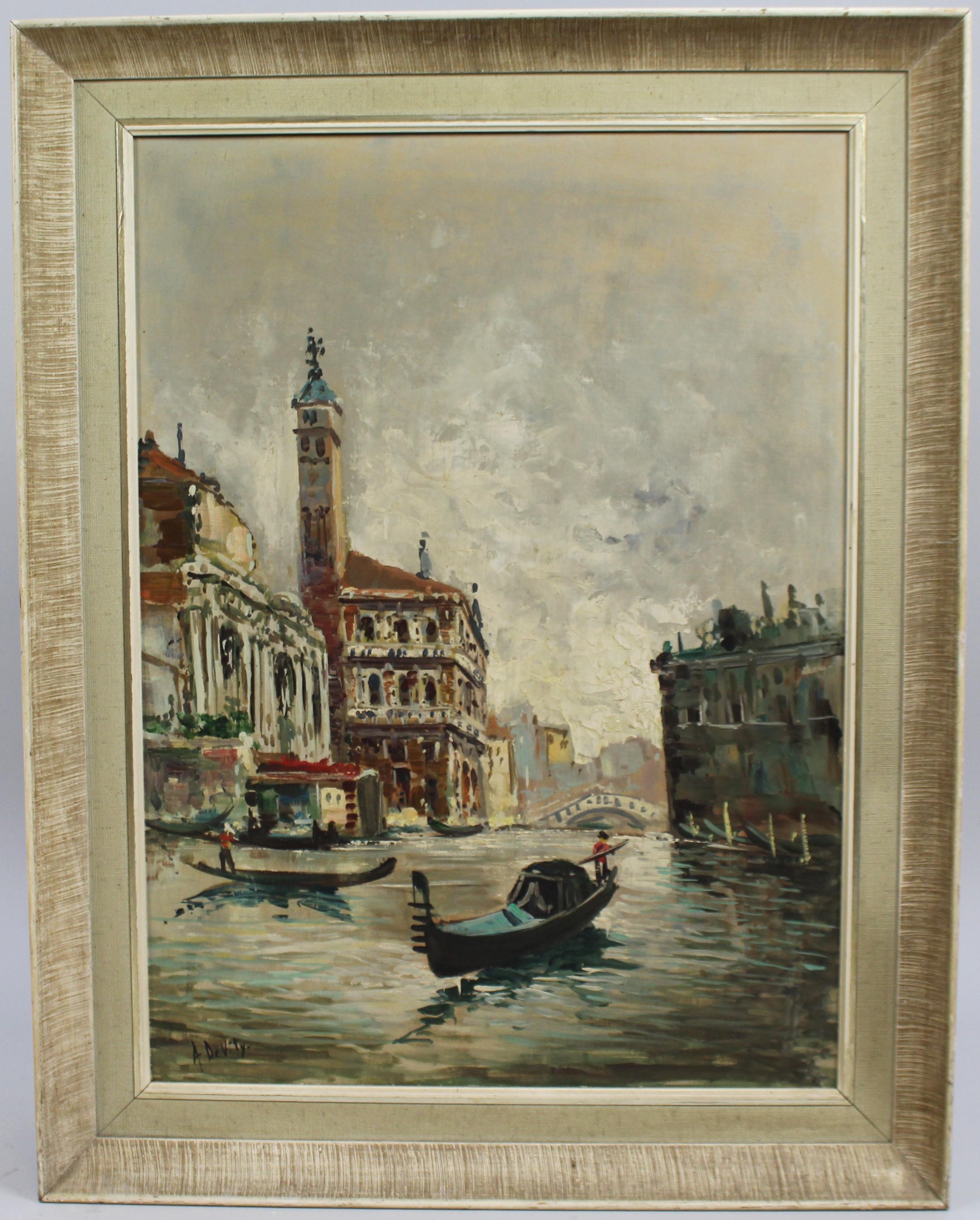 Antonio DeVity (Italian, 1901-1993) Venice Canal oil on canvas



Artist Antonio DeVity (Italian, 1901-1993)

Medium oil on canvas

Frame size 64 x 84 cm / 25 x 33 in

Signed Signed by the artist to the bottom left

Frame set in vintage