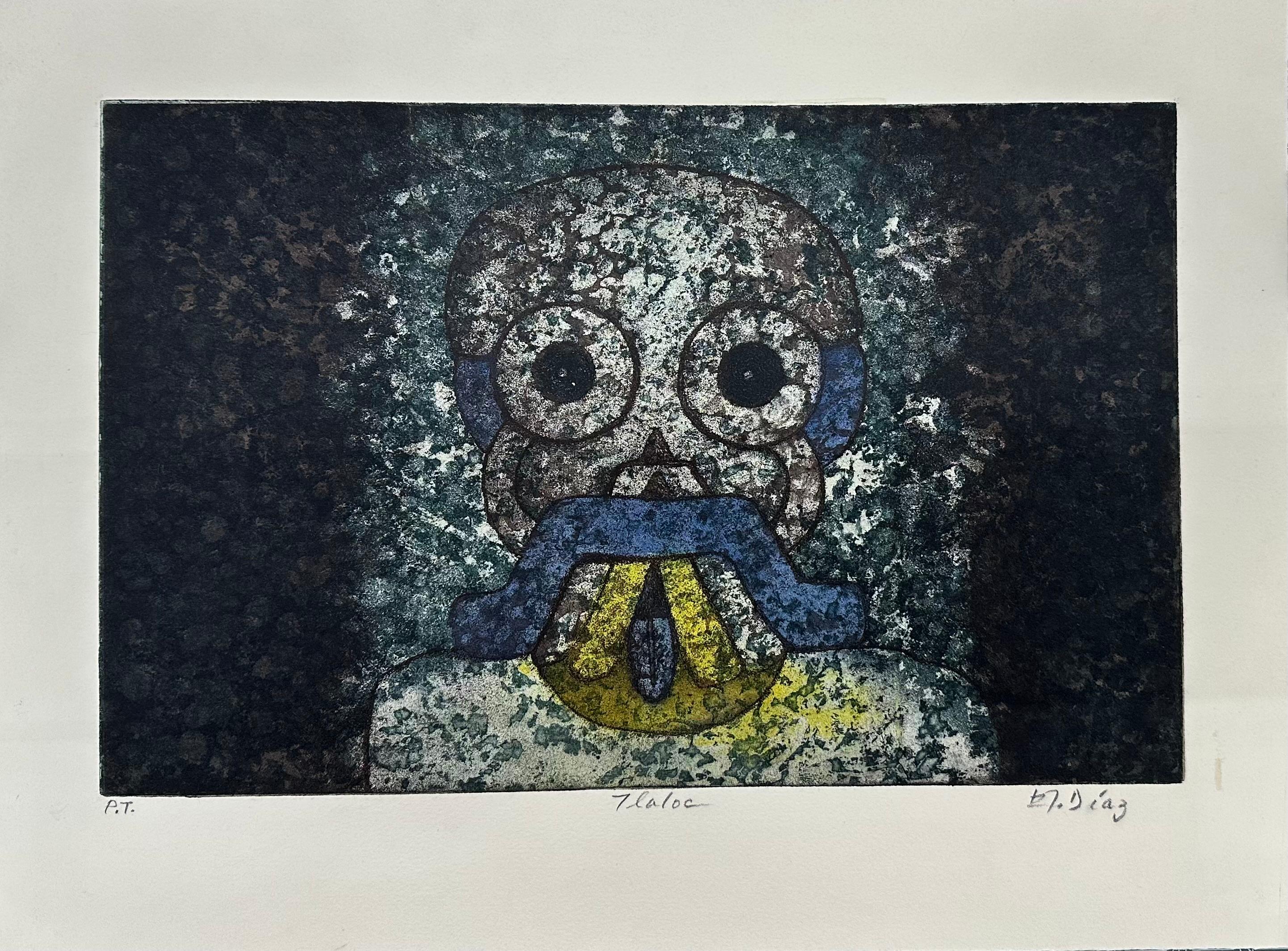 Figurative Print di Antonio Díaz Cortés - Antonio Diaz Cortes, ¨Tlaloc II¨, 2000, Incisione, 13,8x18,7 pollici