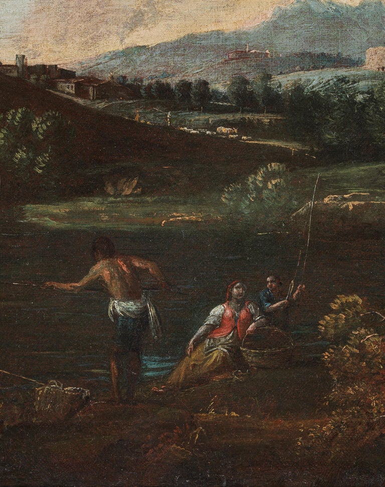 18th Century Antonio Diziani Landscape Figure and Fishermen Oil on Canvas Green - Italian School Painting by Antonio Diziani