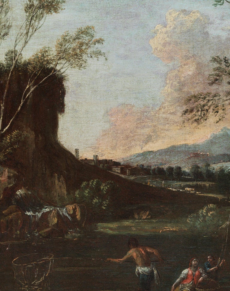 18th Century Antonio Diziani Landscape Figure and Fishermen Oil on Canvas Green - Gray Landscape Painting by Antonio Diziani