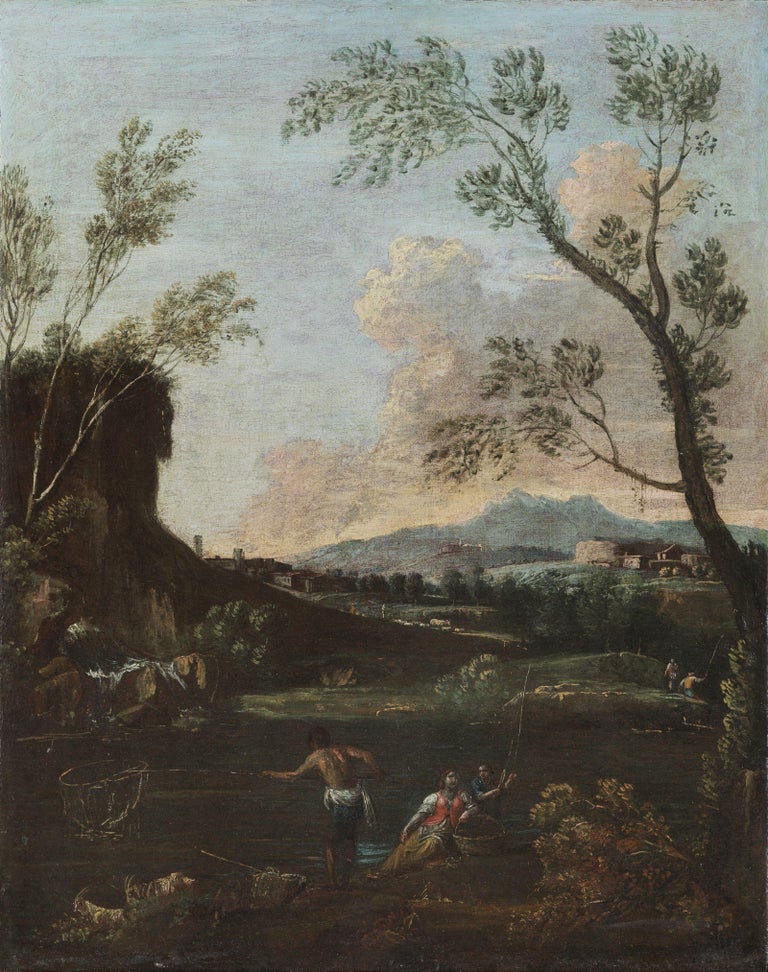 Painting oil on canvas measuring 59 x 47 cm without frame and 65 x 53 cm with frame depicting a landscape with figures, a fisherman and a keen sense of perspective by the Venetian painter Antonio Diziani (Venice 1737 - 1797).

The painting in