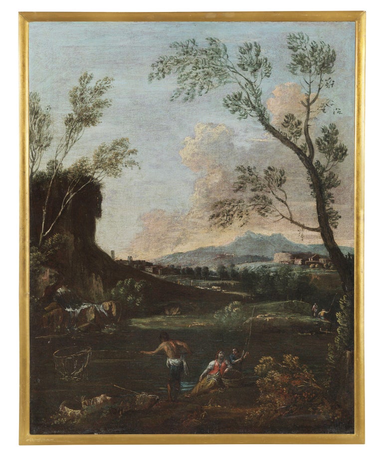 18th Century Antonio Diziani Landscape Figure and Fishermen Oil on Canvas Green - Painting by Antonio Diziani