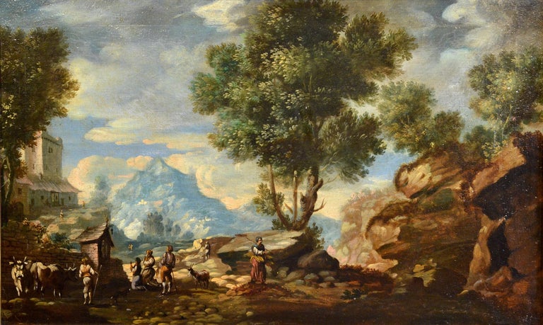 Antonio Diziani (Venice, 1737 - 1797)
Superb pair of works
(1) Rocky landscape with animals and figures praying in a tabernacle
(2) Mountainous landscape with small bridge, travelers and perched tower

oil on canvas, 70 x 43 cm
In the frame cm. 77 x