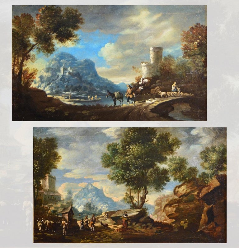 Diziani Pair Of Landscapes Paint View Old master Oil on canvas 18th Century Art - Painting by Antonio Diziani