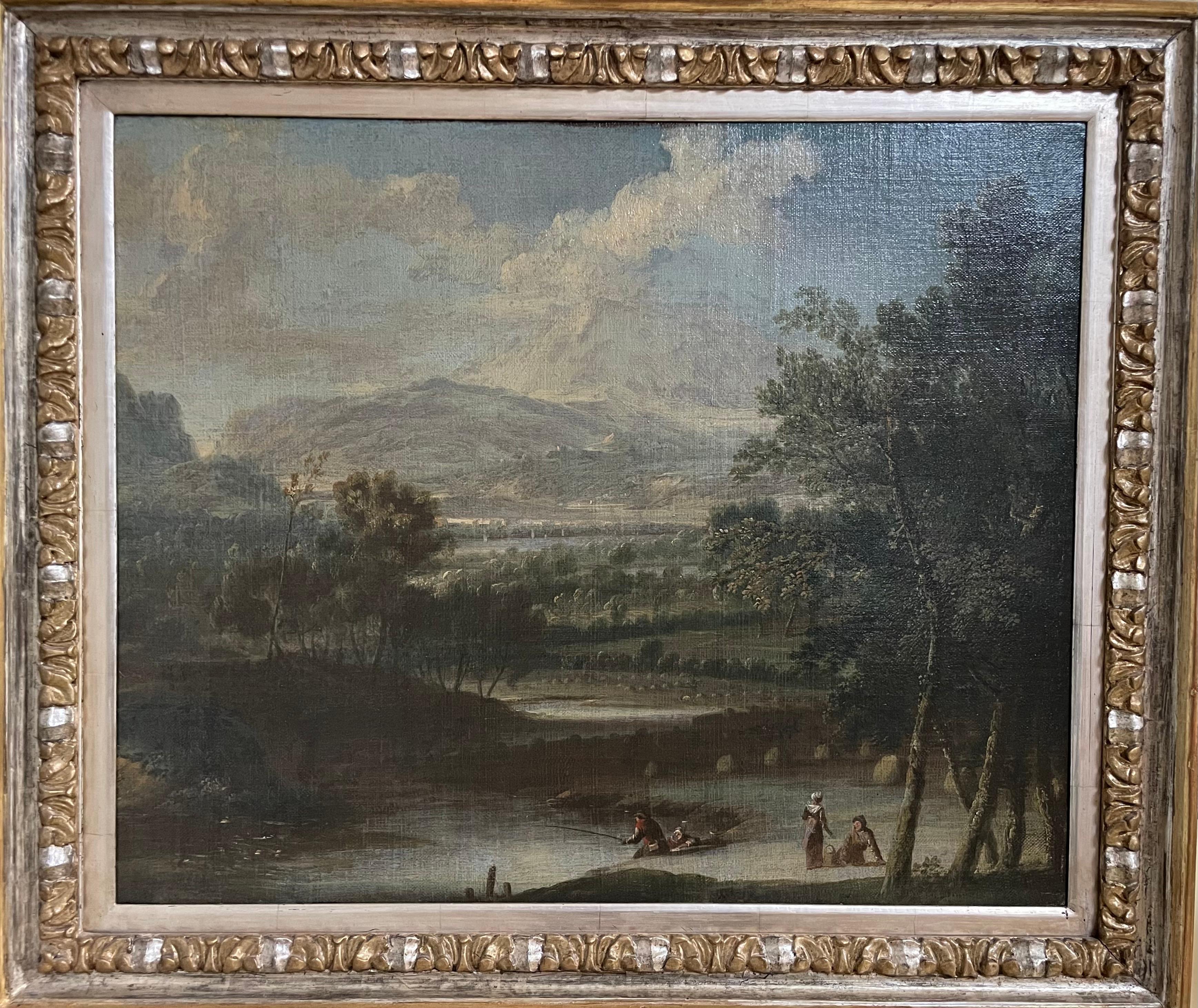 Landscape Painting de Antonio Diziani - "Paisaje de estanque con pescador y pareja de granjeros descansando"