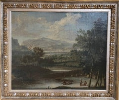 „Teichlandschaft mit Angler und ruhendem Bauernpaar“