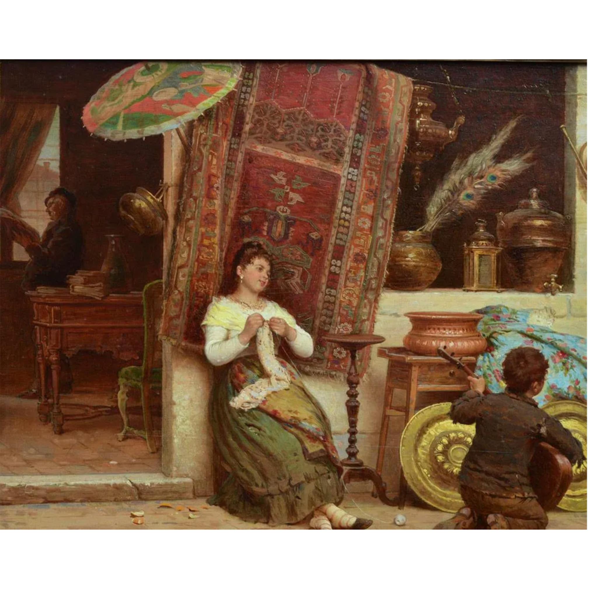 The Musical Performance by Antonio Ermolao Paoletti 
An italian genre painting showcasing two boys playing a trumpet and a guitar for their sisters and mother who gaze lovingly at the boys, enjoying their song. 

oil on panel 
signed lower left
 22