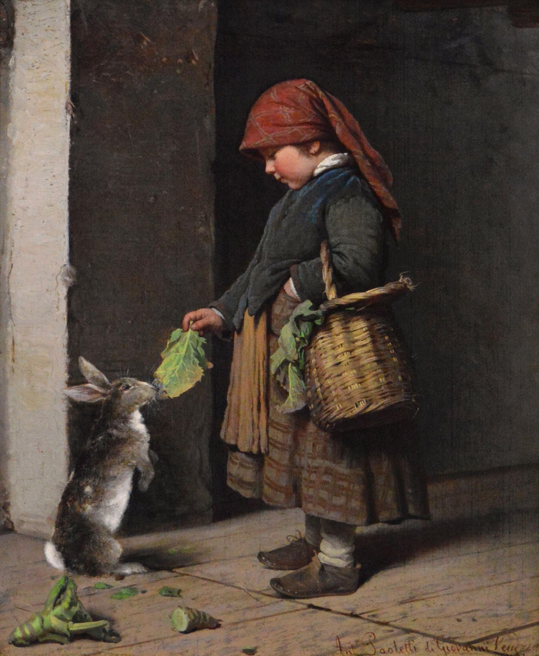 Italienisches Genrebild des 19. Jahrhunderts mit einem Mädchen, das ein Kaninchen füttert – Painting von Antonio Ermolao Paoletti