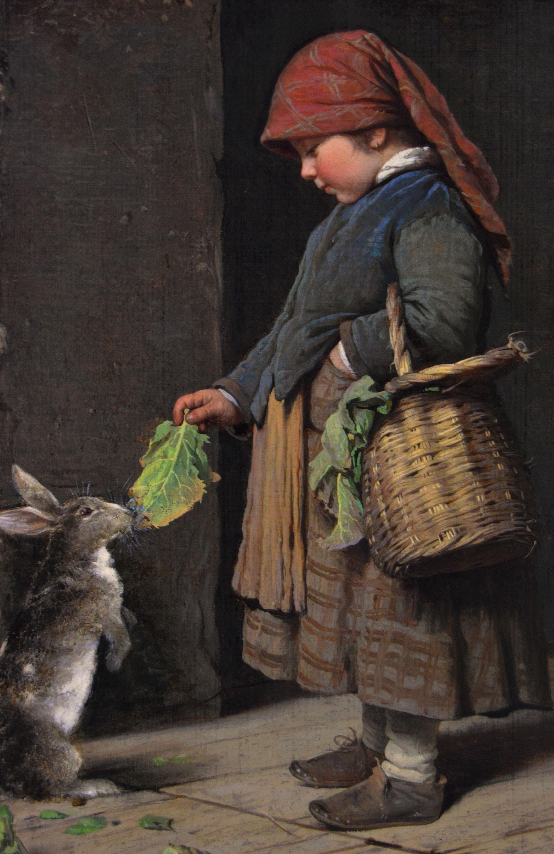 Italienisches Genrebild des 19. Jahrhunderts mit einem Mädchen, das ein Kaninchen füttert (Viktorianisch), Painting, von Antonio Ermolao Paoletti