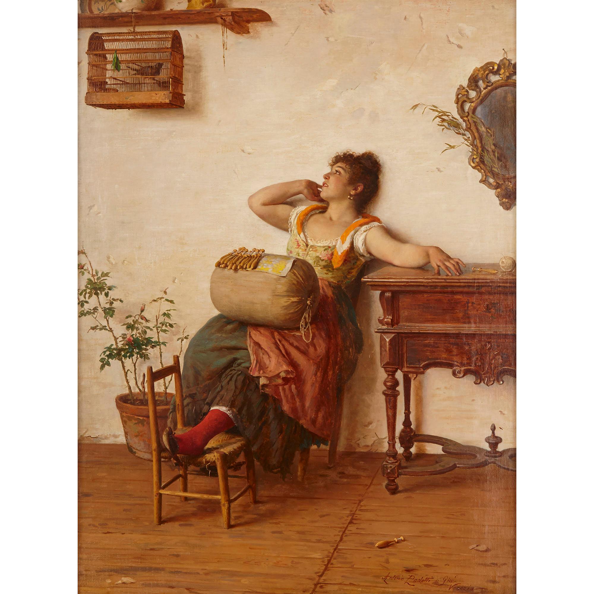 Italian oil on canvas painting of a lacemaker by Paoletti - Painting by Antonio Ermolao Paoletti