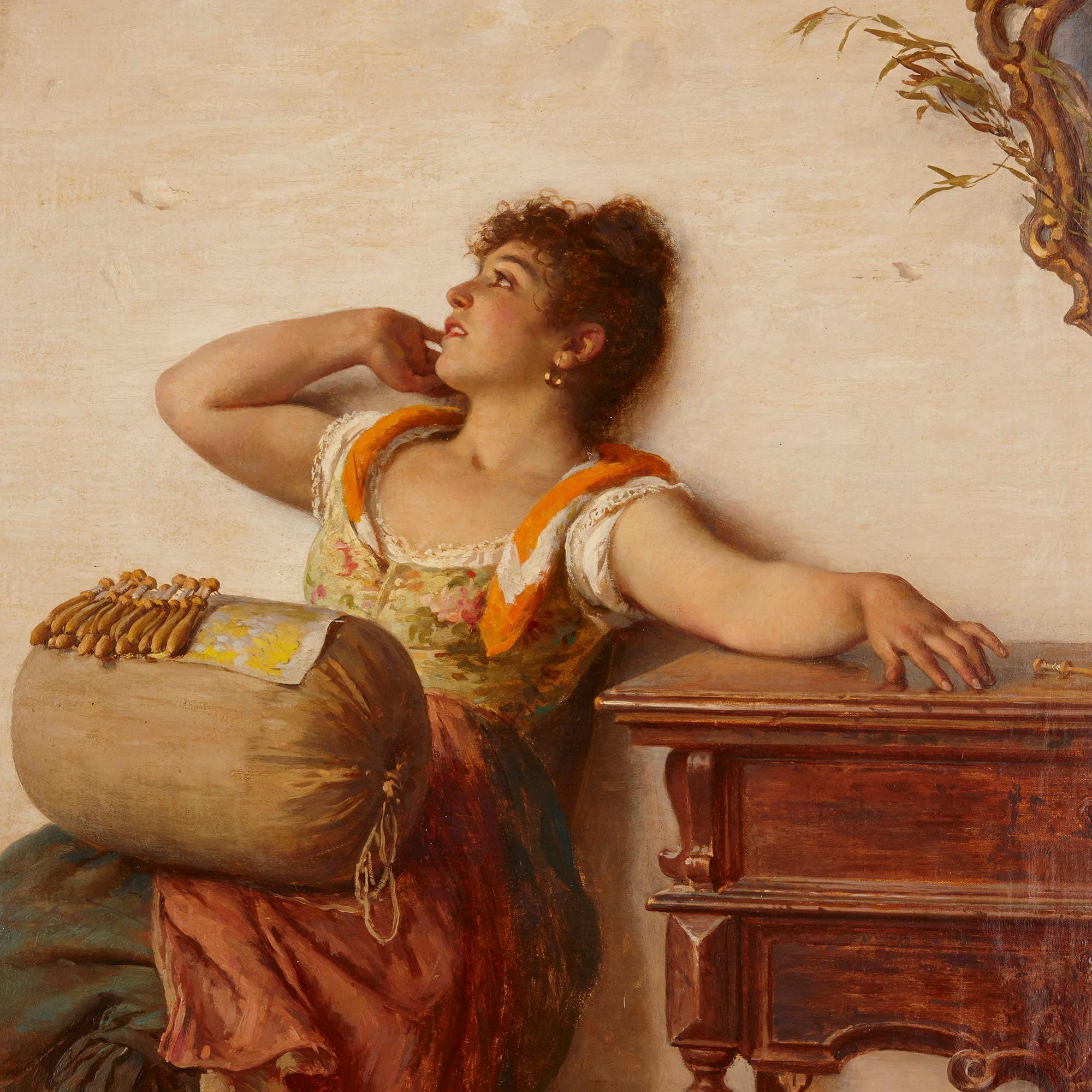 Pintura italiana al óleo sobre lienzo de una encajera por Paoletti - Interior Painting Marrón de Antonio Ermolao Paoletti