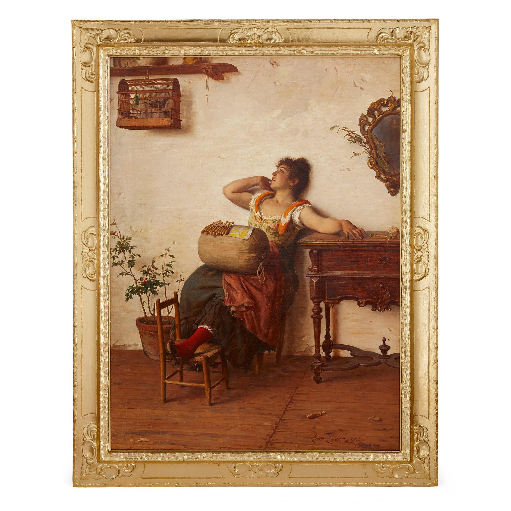 Antonio Ermolao Paoletti Interior Painting - Italian oil on canvas painting of a lacemaker by Paoletti
