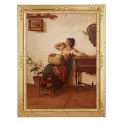Antique Italian oil on canvas painting of a lacemaker by Paoletti