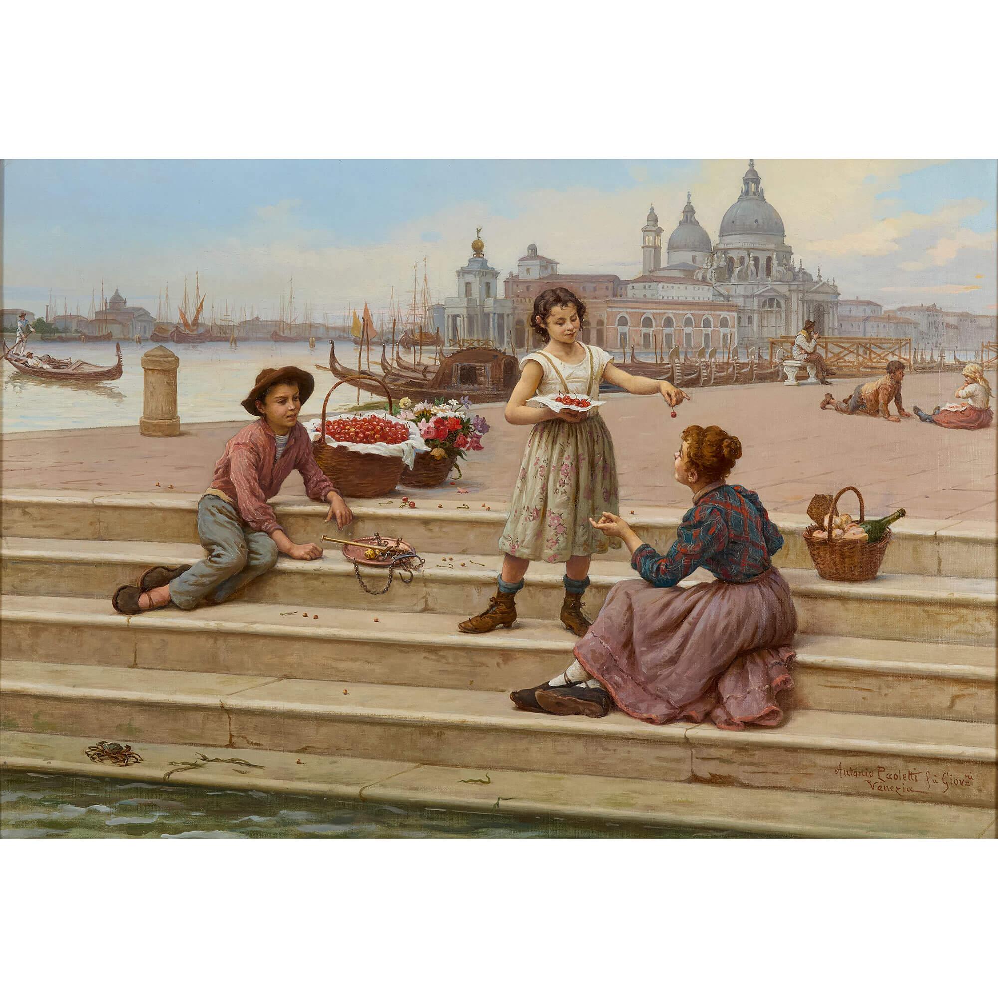 Große antike italienische Ölgemälde Venedig Figurative Fruit Seller Antonio Paolet – Painting von Antonio Ermolao Paoletti