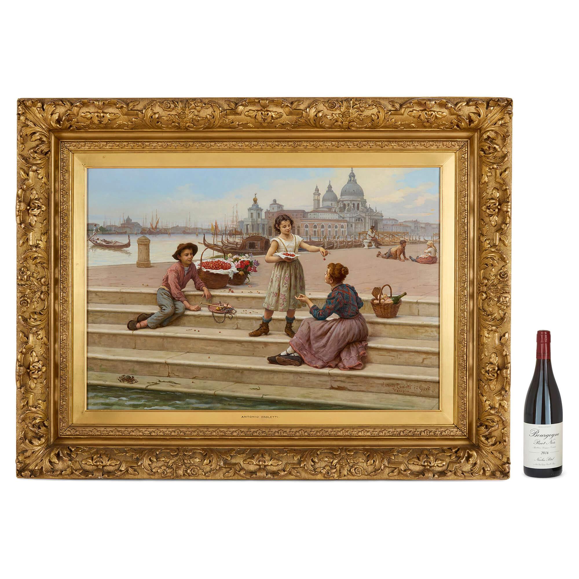Große antike italienische Ölgemälde Venedig Figurative Fruit Seller Antonio Paolet im Angebot 1