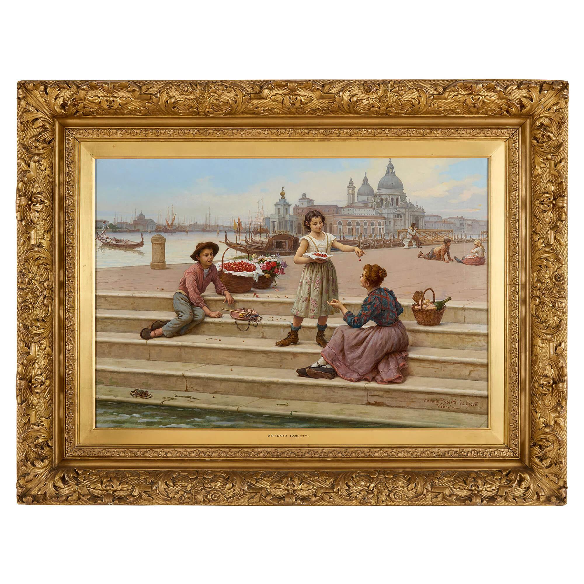 Antonio Ermolao Paoletti Figurative Painting – Große antike italienische Ölgemälde Venedig Figurative Fruit Seller Antonio Paolet