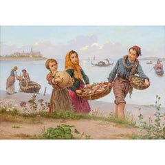 Large Antique Italian Oil Painting Venice Fish Seller Figurative Antonio Paolett