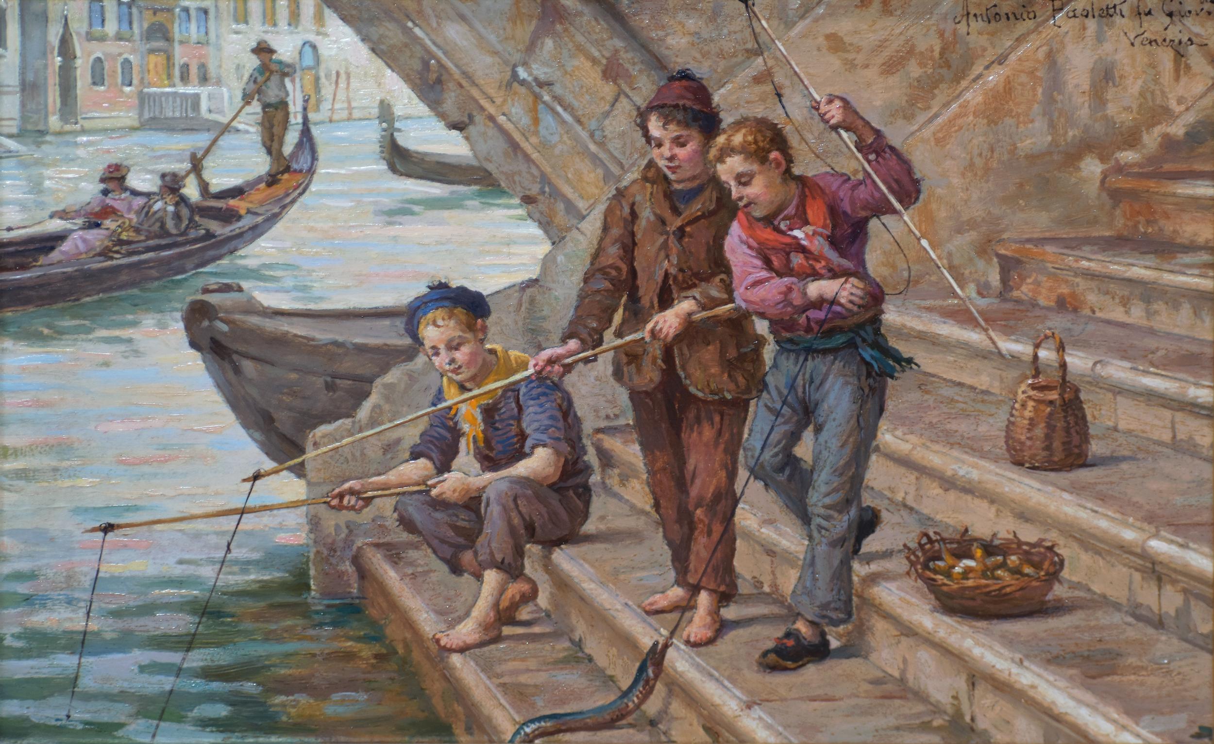 Pair of 19th Century oil paintings of boys fishing & a fruit seller, Venice - Painting by Antonio Ermolao Paoletti