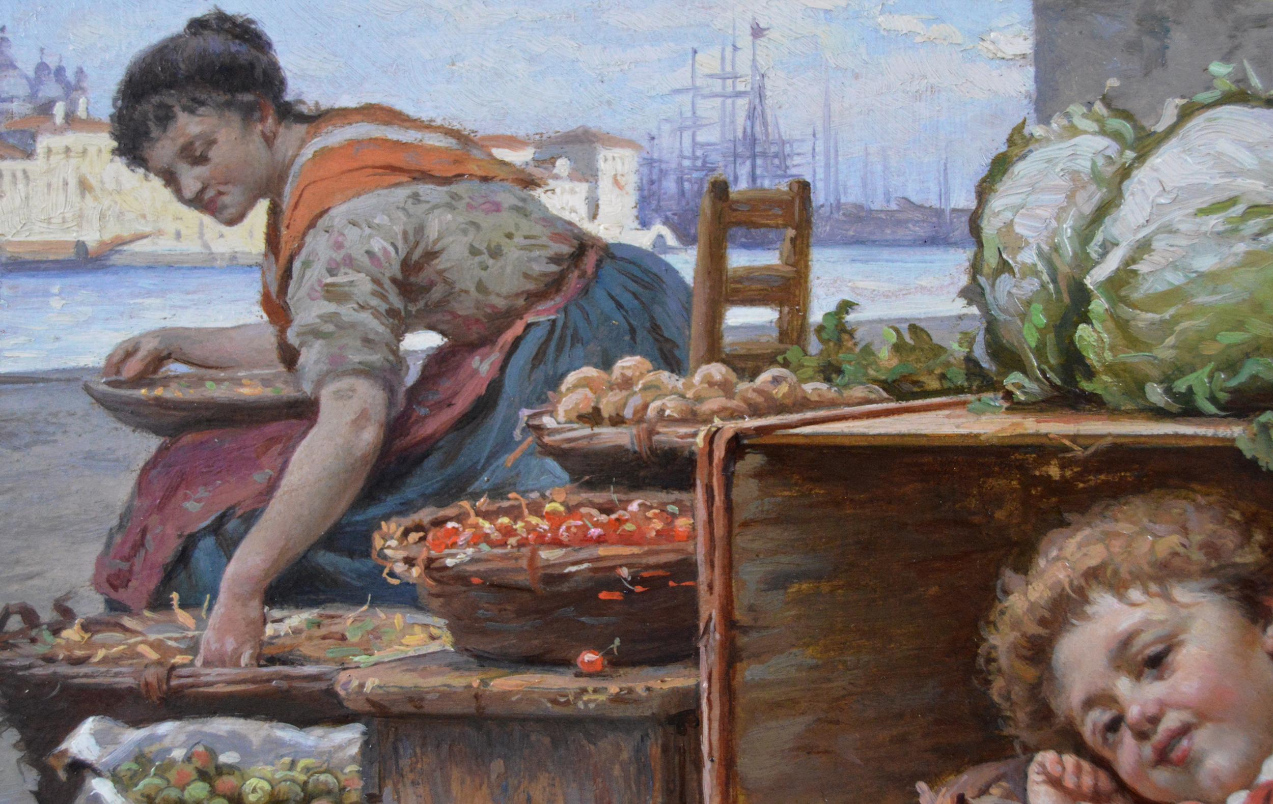Pair of 19th Century oil paintings of boys fishing & a fruit seller, Venice 2