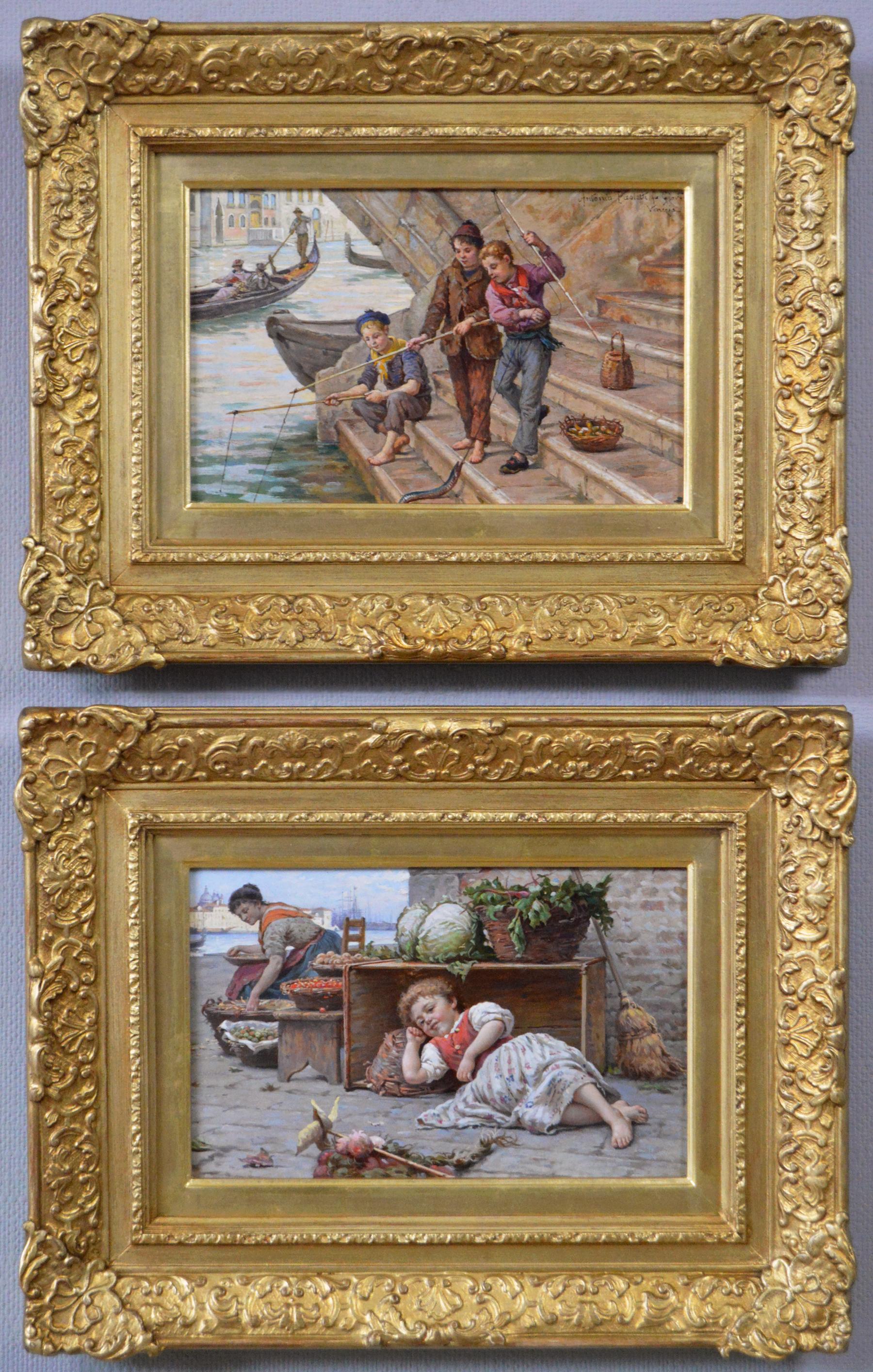 Antonio Ermolao Paoletti Landscape Painting - Pair of 19th Century oil paintings of boys fishing & a fruit seller, Venice