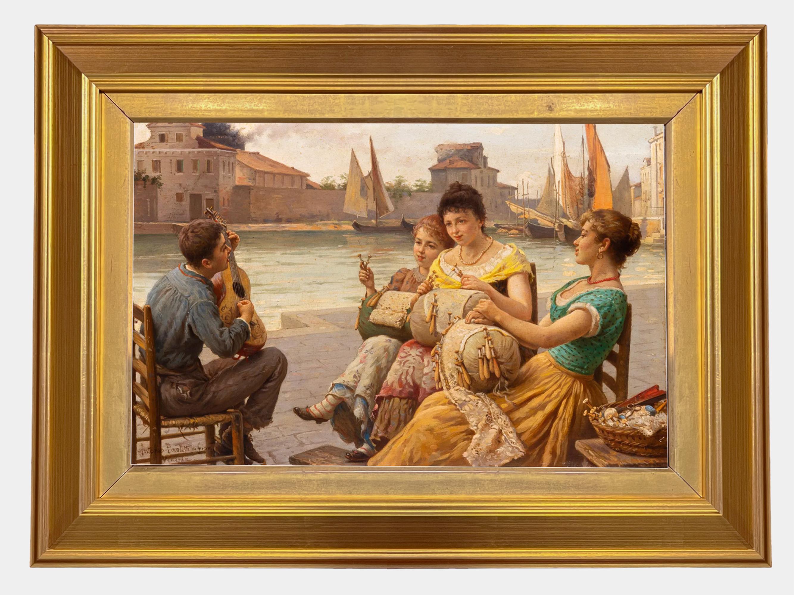 Antonio Ermolao Paoletti Italian, 1834-1912

A Serenade for the Venitian Lacemakers

Signed and inscribed Antonio Paoletti di Giov / Venezia (ll) in bottom left corner

Oil on cradled panel

This fabulous oil painting by Paoletti focuses on a a