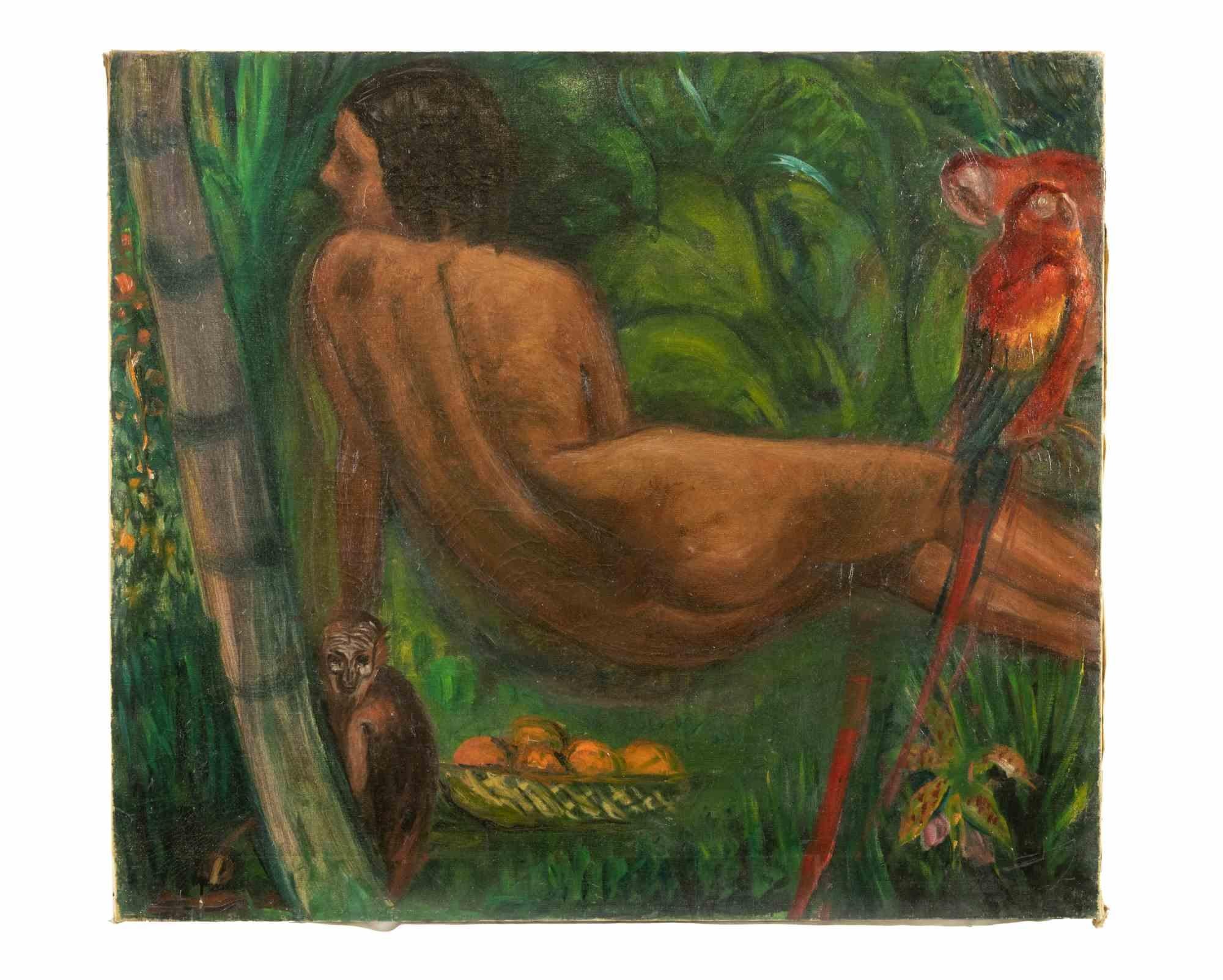 Antonio Feltrinelli  Nude Painting - Nude with Tropical Animals - Oil Painting on Canvas by A. Feltrinelli  - 1920s