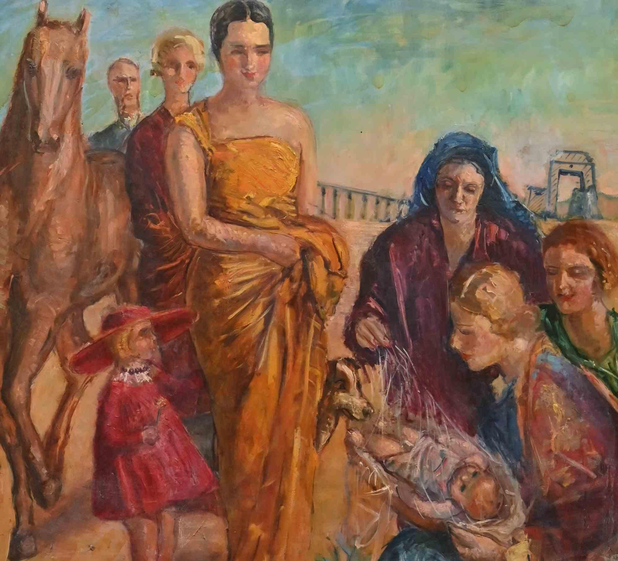 Famille - Peinture à l'huile de Antonio Feltrinelli - Milieu du 20e siècle en vente 1