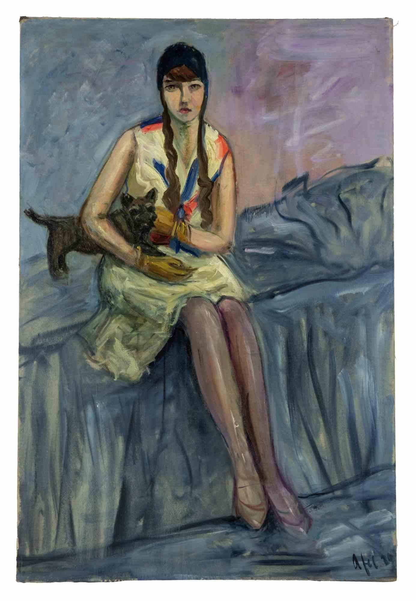 girl in corner with dog painting