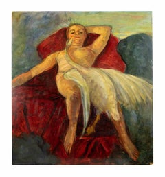 Model with Swan  - Oil Paint by Antonio Feltrinelli - 1930s