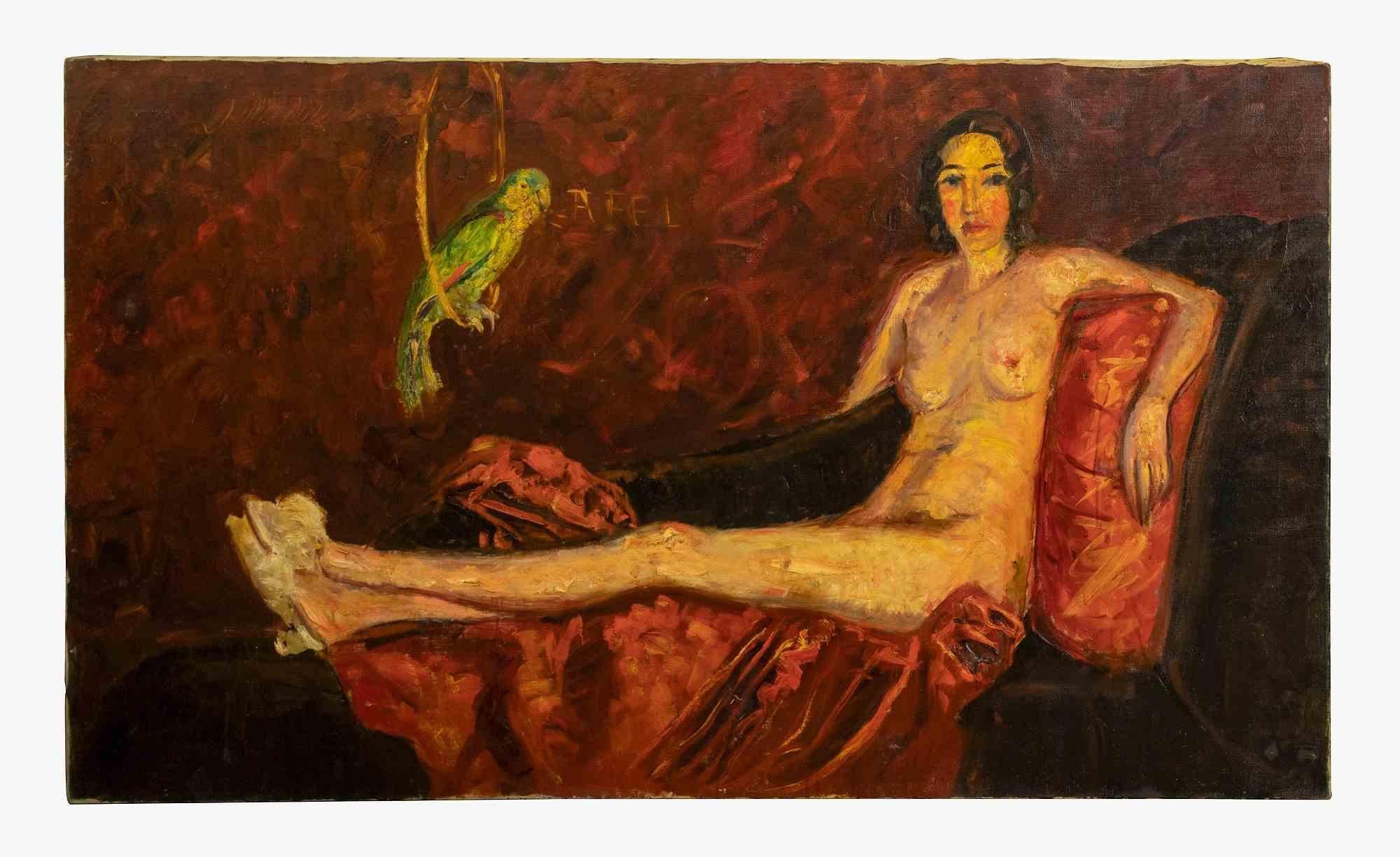 Reclined Nude with Parrot ist ein Original-Kunstwerk des italienischen Künstlers  Antonio Feltrinelli in den 1930er Jahren.

Öl auf Leinwand

Schönes und repräsentatives Kunstwerk, das einen liegenden weiblichen Akt darstellt.

Antonio Feltrinelli