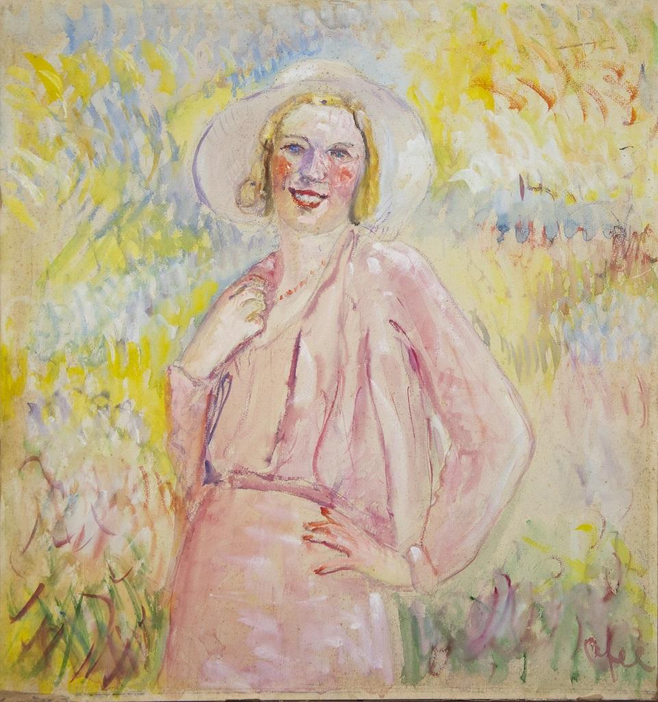 Peinture à l'huile - Femme en rose  par Antonio Feltrinelli - Années 1930
