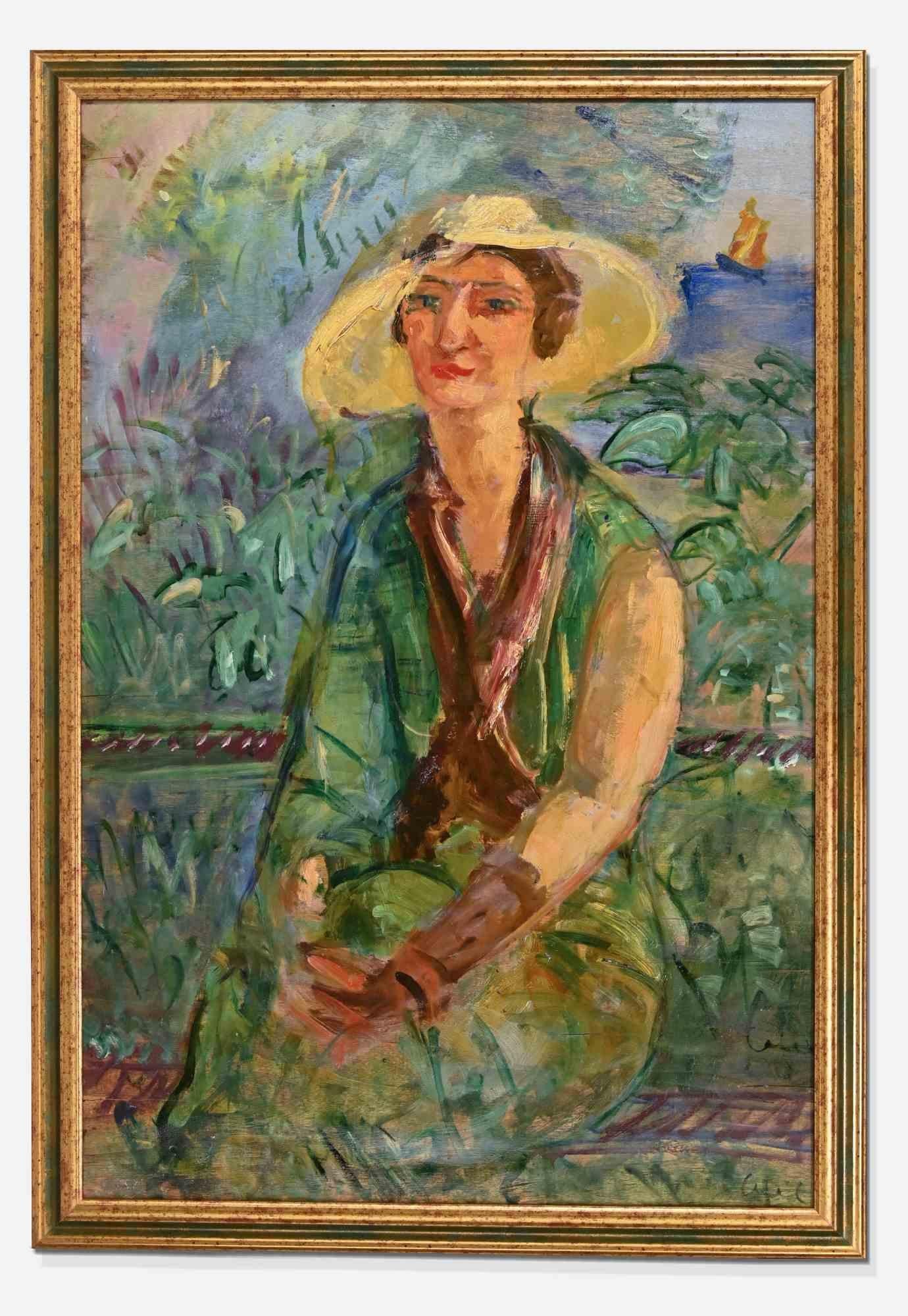 Femme au jardin  - Peinture  l'huile d'Antonio Feltrinelli - annes 1930