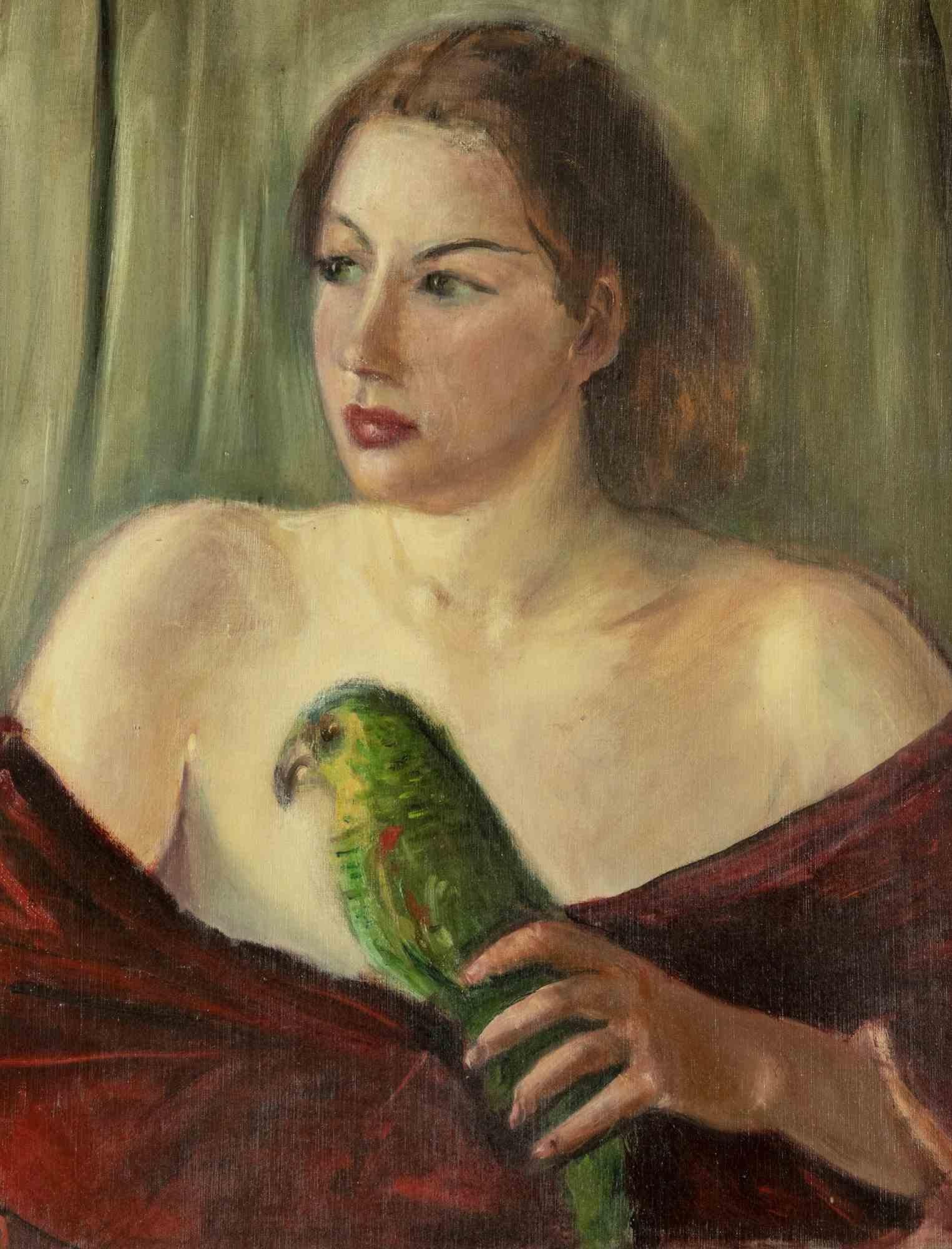 Woman with Parrot -  Painting by Antonio Feltrinelli- 1930s For Sale 2