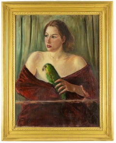 Woman with Parrot -  Painting by Antonio Feltrinelli- 1930s