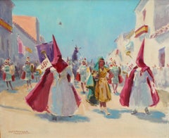 Procesión bajo el cielo azul - Óleo sobre tela - Firmado y enmarcado